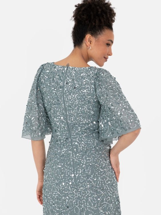 Maya Misty Green Fully Embellished Angel Sleeve Maxi Dress - Curvy Chic Boutique