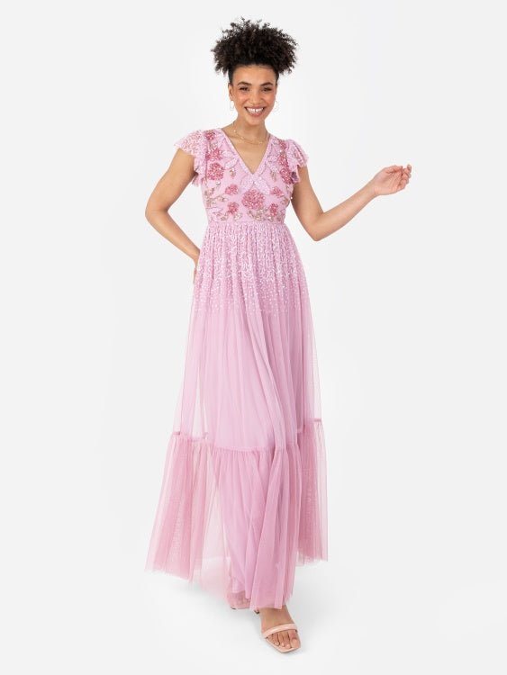 Maya Pink Rose Embellished Flutter Sleeve Maxi Dress - Curvy Chic Boutique
