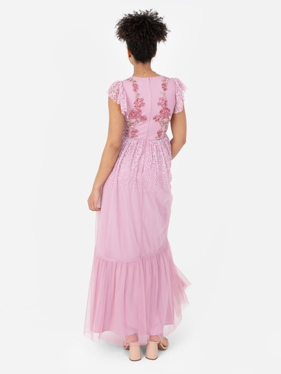 Maya Pink Rose Embellished Flutter Sleeve Maxi Dress - Curvy Chic Boutique