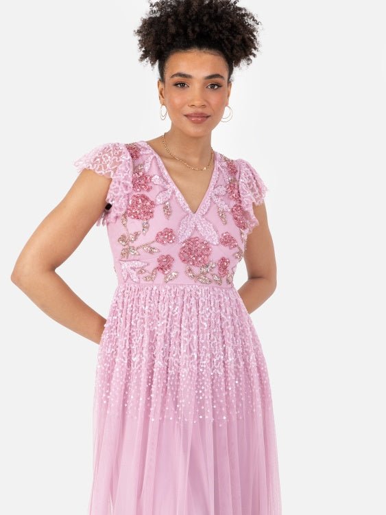 Maya Pink Rose Embellished Flutter Sleeve Maxi Dress - Curvy Chic Boutique