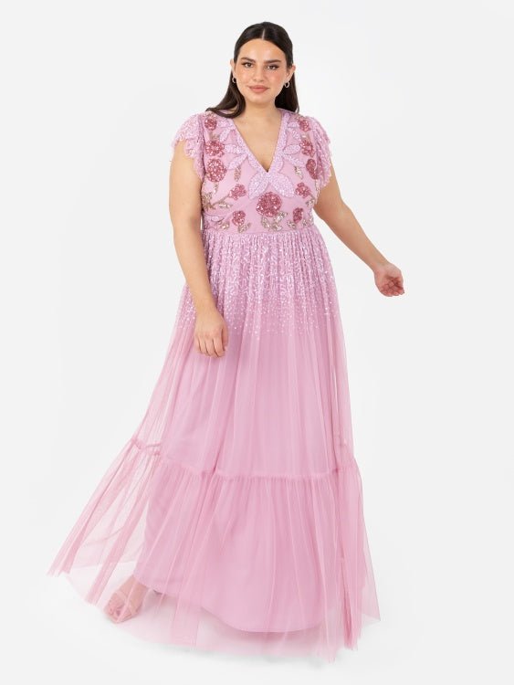 Maya Pink Rose Embellished Flutter Sleeve Maxi Dress - Curvy Chic Boutique