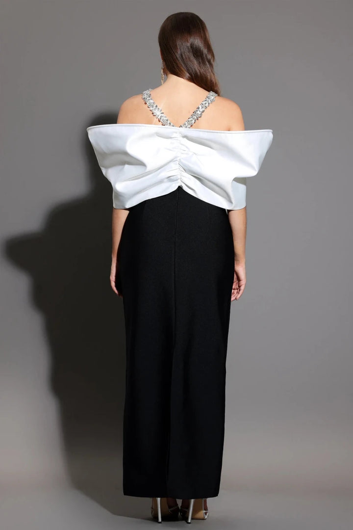 Plus Size Black Column Dress with Bardot Ivory Bow Detail Rebecca James Boutique | Rebecca James (formerly Curvy Chic Boutique) Belfast