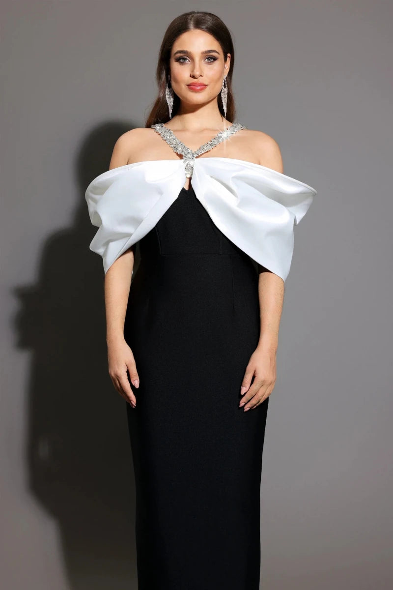 Plus Size Black Column Dress with Bardot Ivory Bow Detail Rebecca James Boutique | Rebecca James (formerly Curvy Chic Boutique) Belfast