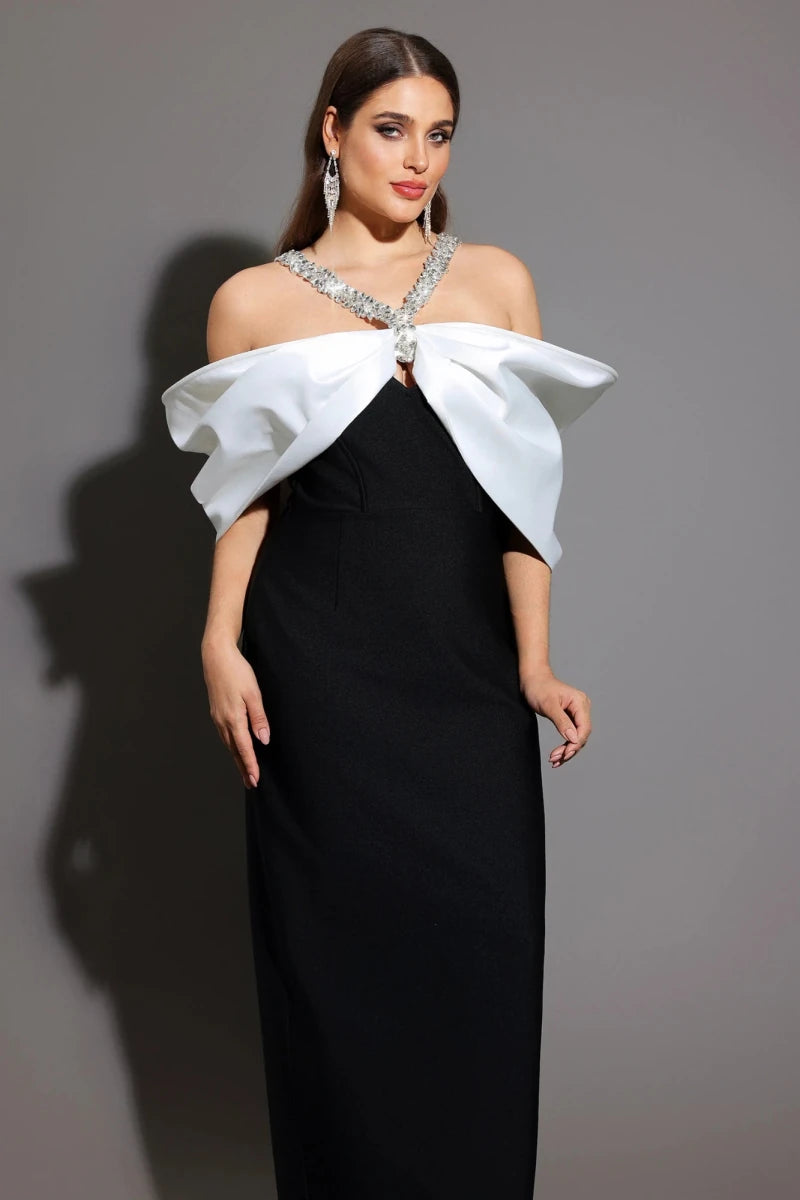 Plus Size Black Column Dress with Bardot Ivory Bow Detail Rebecca James Boutique | Rebecca James (formerly Curvy Chic Boutique) Belfast