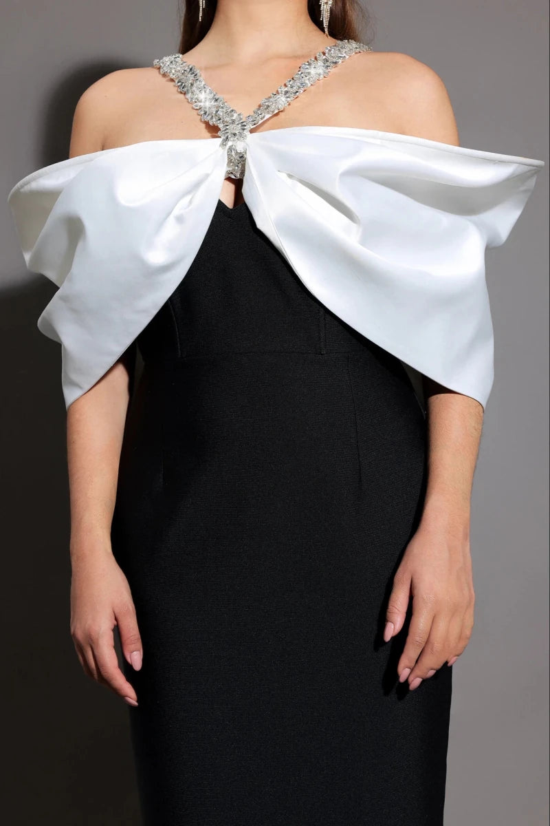 Plus Size Black Column Dress with Bardot Ivory Bow Detail Rebecca James Boutique | Rebecca James (formerly Curvy Chic Boutique) Belfast