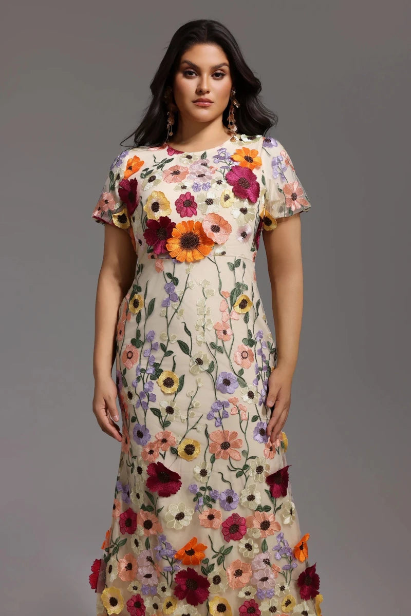 Plus Size Floral Embroidered Midi Dress with Short Sleeves Rebecca James Boutique | Rebecca James (formerly Curvy Chic Boutique) Belfast