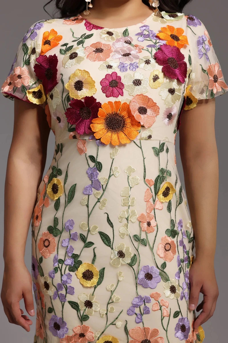 Plus Size Floral Embroidered Midi Dress with Short Sleeves Rebecca James Boutique | Rebecca James (formerly Curvy Chic Boutique) Belfast