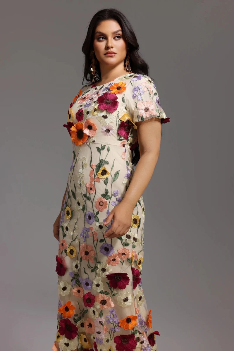 Plus Size Floral Embroidered Midi Dress with Short Sleeves Rebecca James Boutique | Rebecca James (formerly Curvy Chic Boutique) Belfast