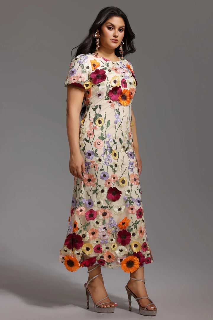 Floral Plus Size Floral Embroidered Midi Dress with Short Sleeves by Bella Barnett