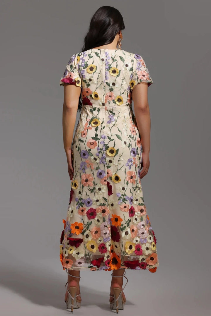 Plus Size Floral Embroidered Midi Dress with Short Sleeves Rebecca James Boutique | Rebecca James (formerly Curvy Chic Boutique) Belfast
