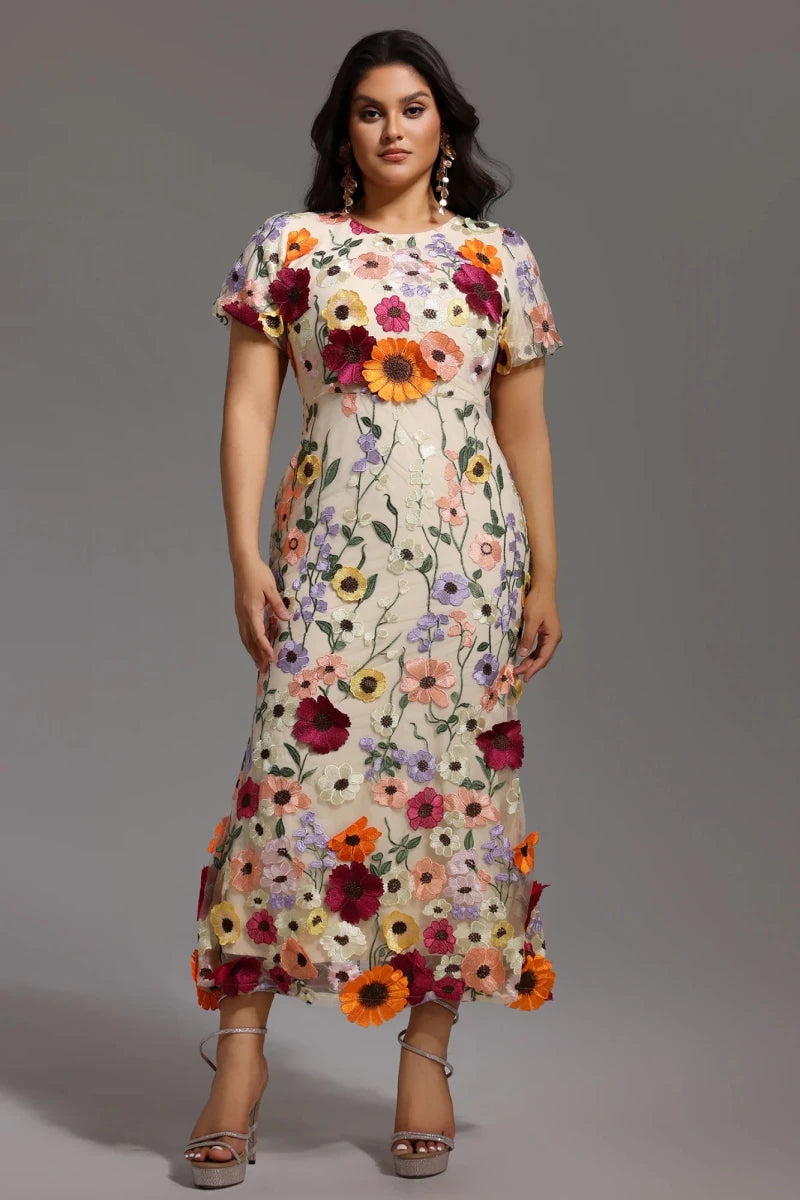 Plus Size Floral Embroidered Midi Dress with Short Sleeves Rebecca James Boutique | Rebecca James (formerly Curvy Chic Boutique) Belfast