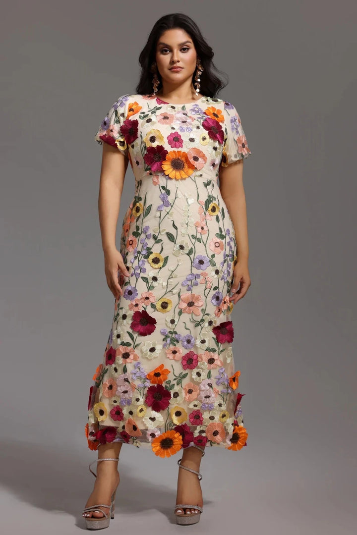 Plus Size Floral Embroidered Midi Dress with Short Sleeves Rebecca James Boutique | Rebecca James (formerly Curvy Chic Boutique) Belfast