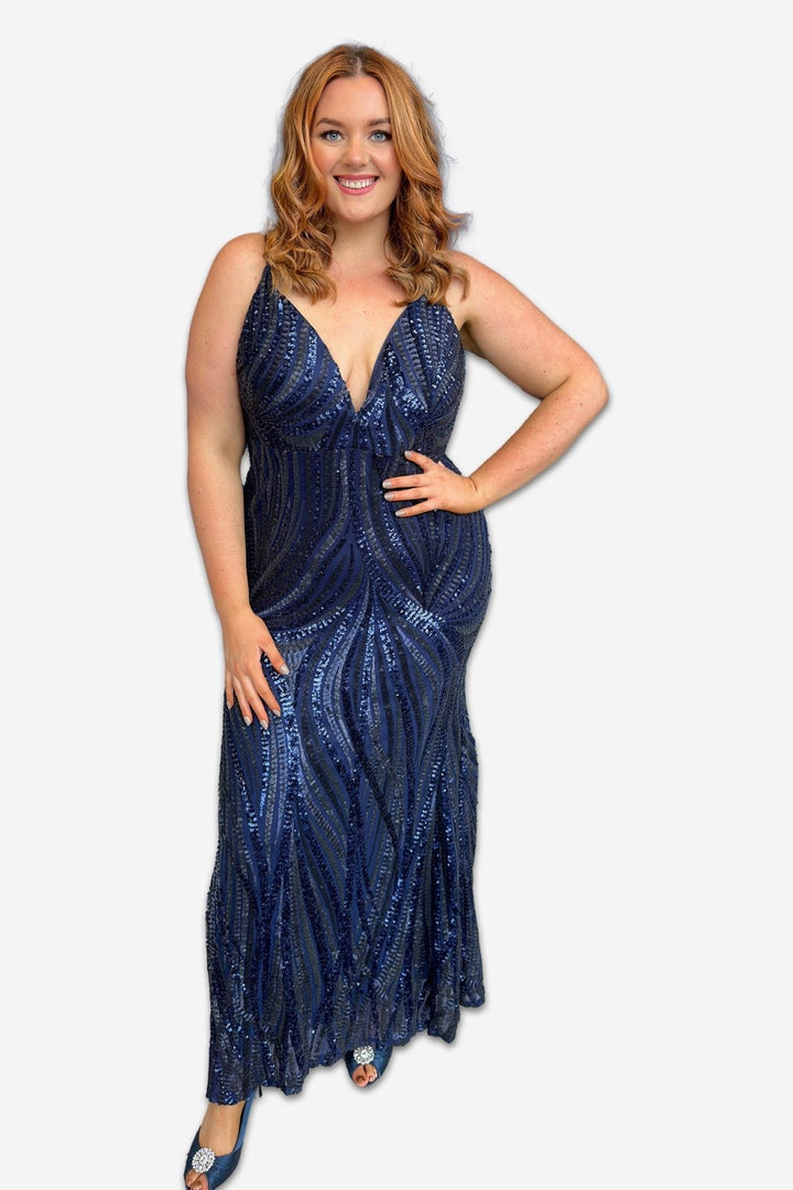 Plus Size Navy Sequin Maxi Dress with Spaghetti Straps - Curvy Chic Boutique