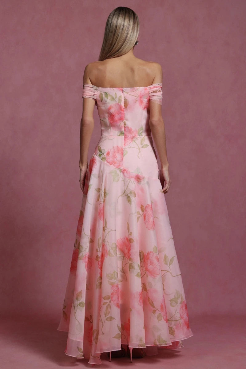 Pink Plus Size Pink Floral Off Shoulder A Line Gown by Bella Barnett