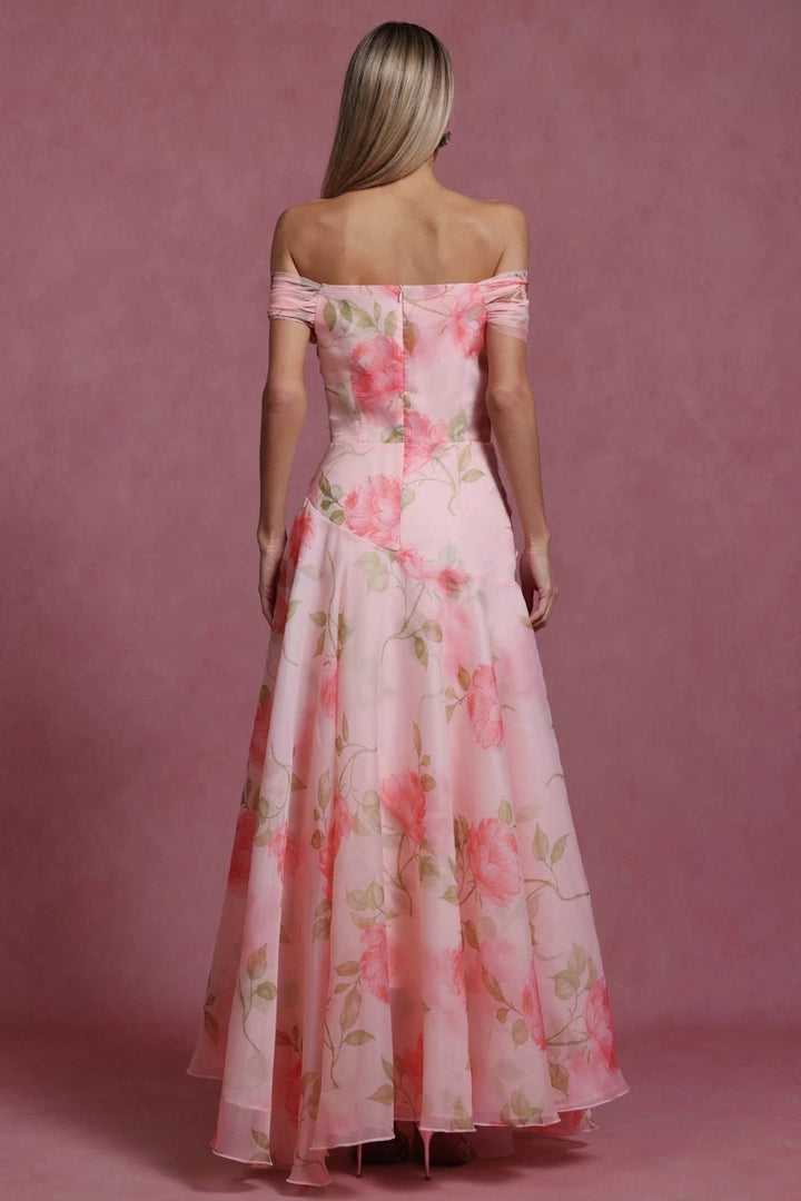 Pink Plus Size Pink Floral Off Shoulder A Line Gown by Bella Barnett