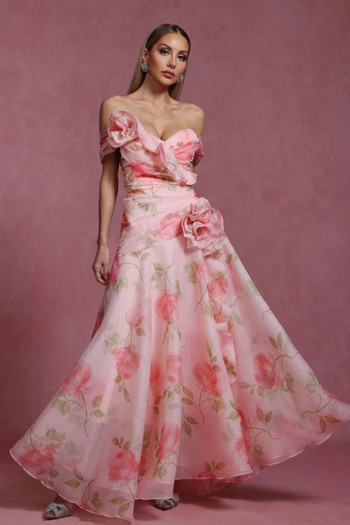 Plus Size Pink Floral Off Shoulder A Line Gown Rebecca James Boutique | Rebecca James (formerly Curvy Chic Boutique) Belfast