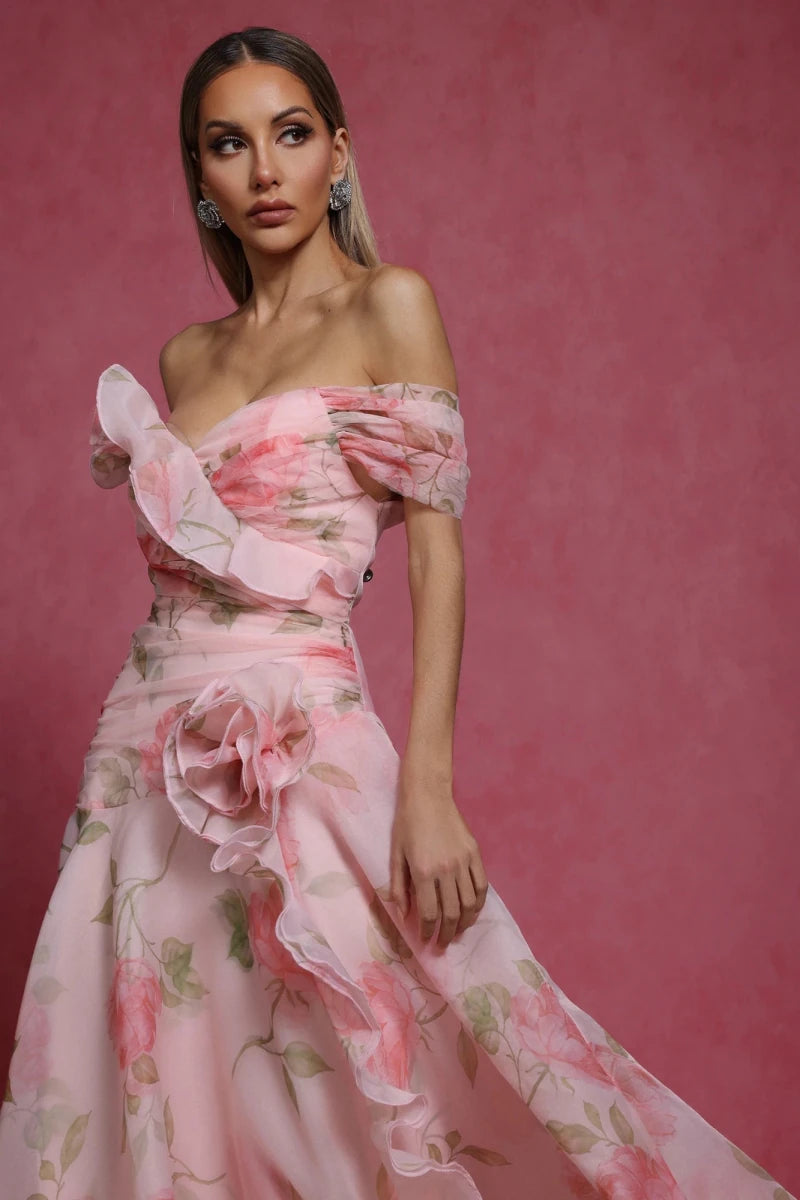 Plus Size Pink Floral Off Shoulder A Line Gown Rebecca James Boutique | Rebecca James (formerly Curvy Chic Boutique) Belfast