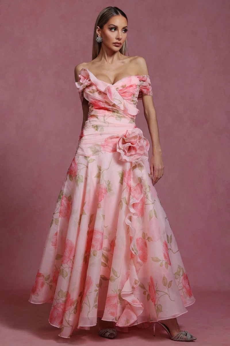 Plus Size Pink Floral Off Shoulder A Line Gown Rebecca James Boutique | Rebecca James (formerly Curvy Chic Boutique) Belfast
