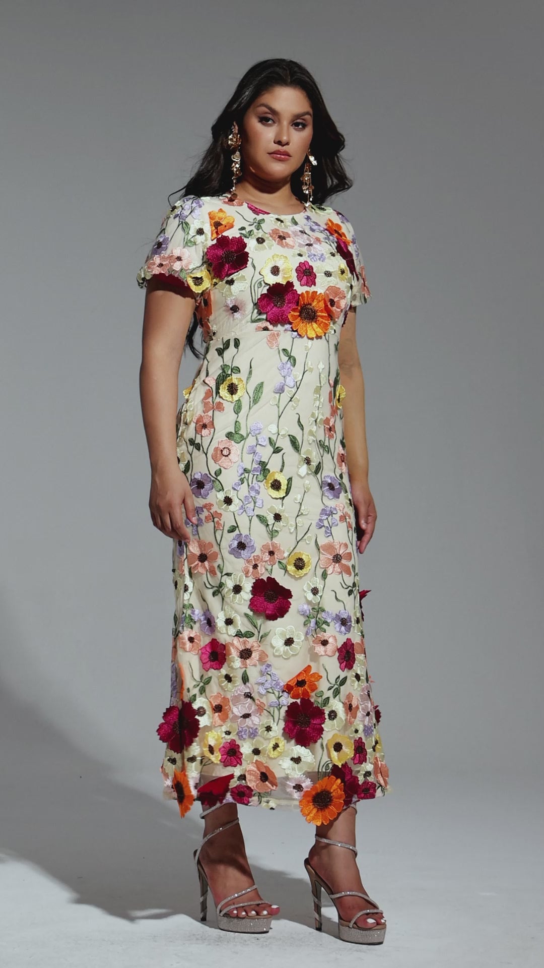 Floral Embroidered Midi Occasion Dress with Short Sleeves