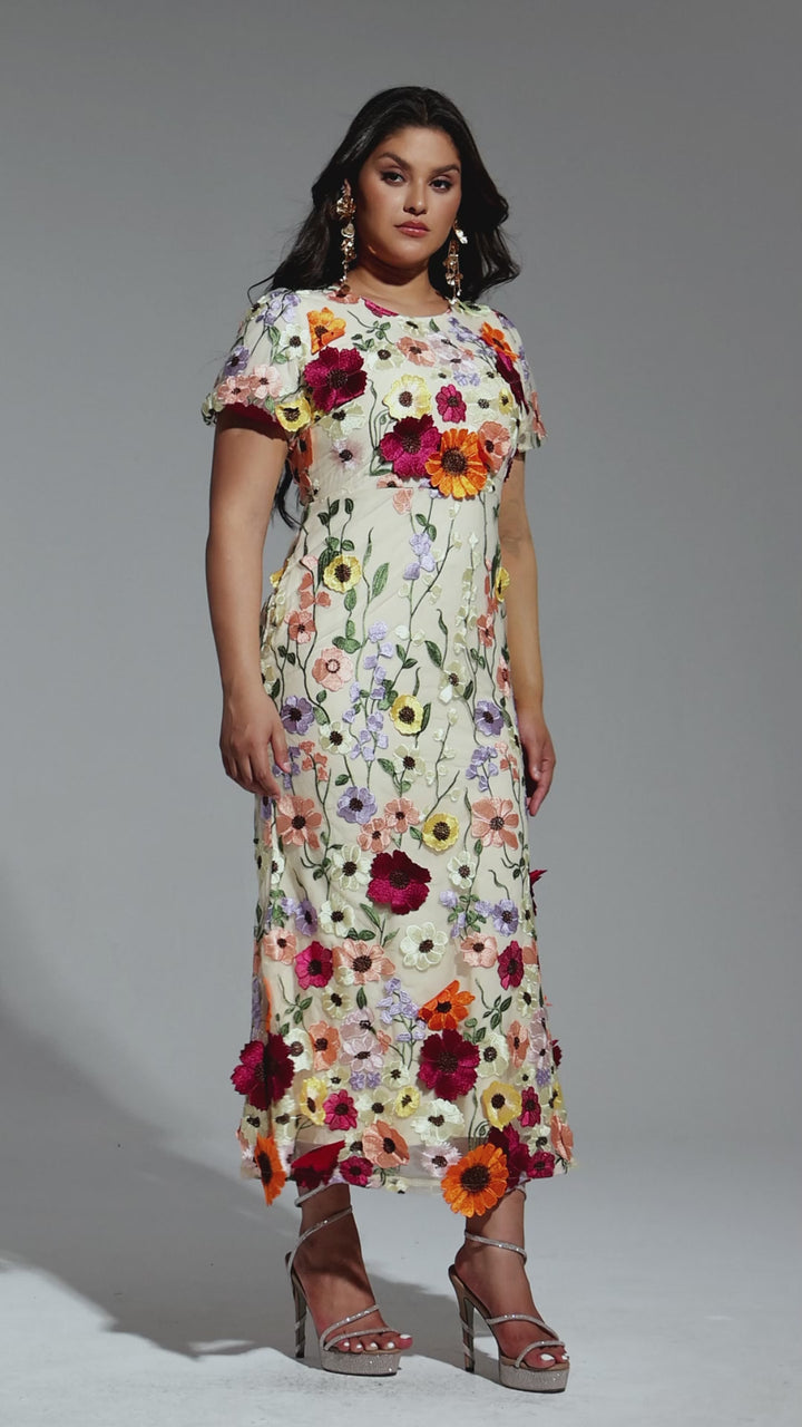 Floral Embroidered Midi Occasion Dress with Short Sleeves