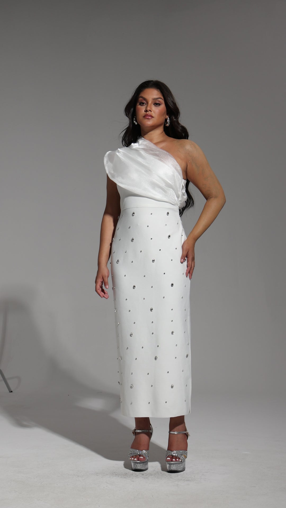 White One Shoulder Midi Dress with Embellishment