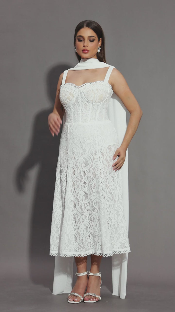 Ivory Lace Bridal Midi Dress with Straps and Chiffon Scarf Detail