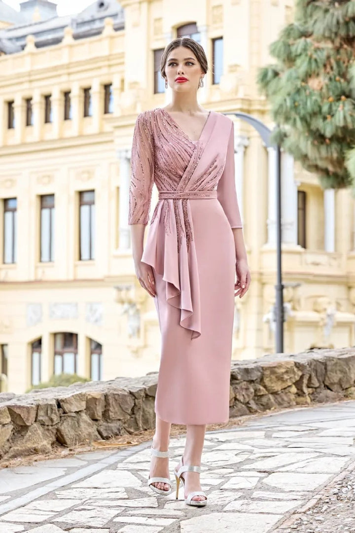 Satin Beaded Rose Midi Length Dress | Sonia Peña - Curvy Chic Boutique