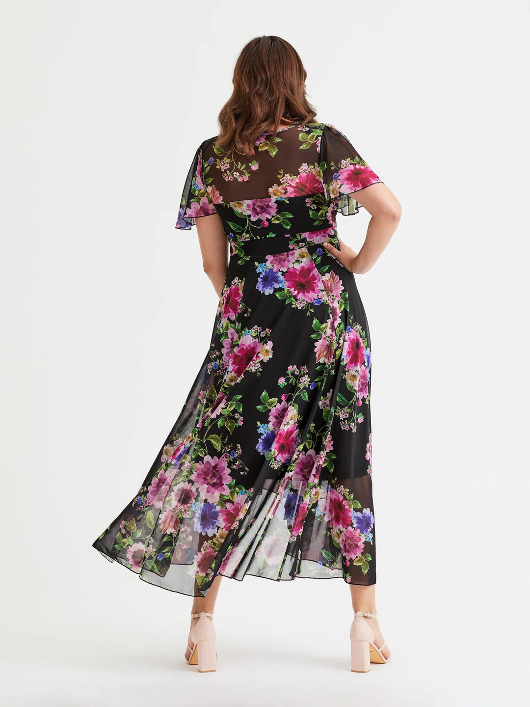 Scarlett &amp; Jo Tilly Black/Pink Print Angel Sleeve Sweetheart Midi Dress - Curvy Chic Boutique