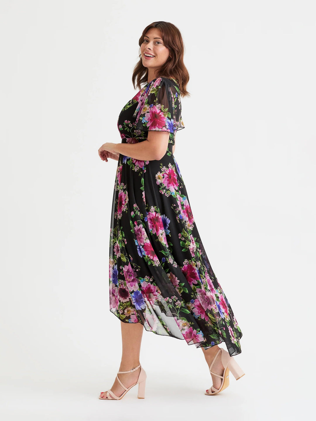Scarlett &amp; Jo Tilly Black/Pink Print Angel Sleeve Sweetheart Midi Dress - Curvy Chic Boutique