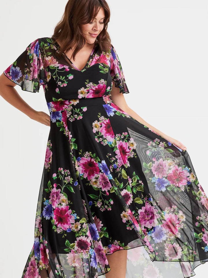 Scarlett &amp; Jo Tilly Black/Pink Print Angel Sleeve Sweetheart Midi Dress - Curvy Chic Boutique
