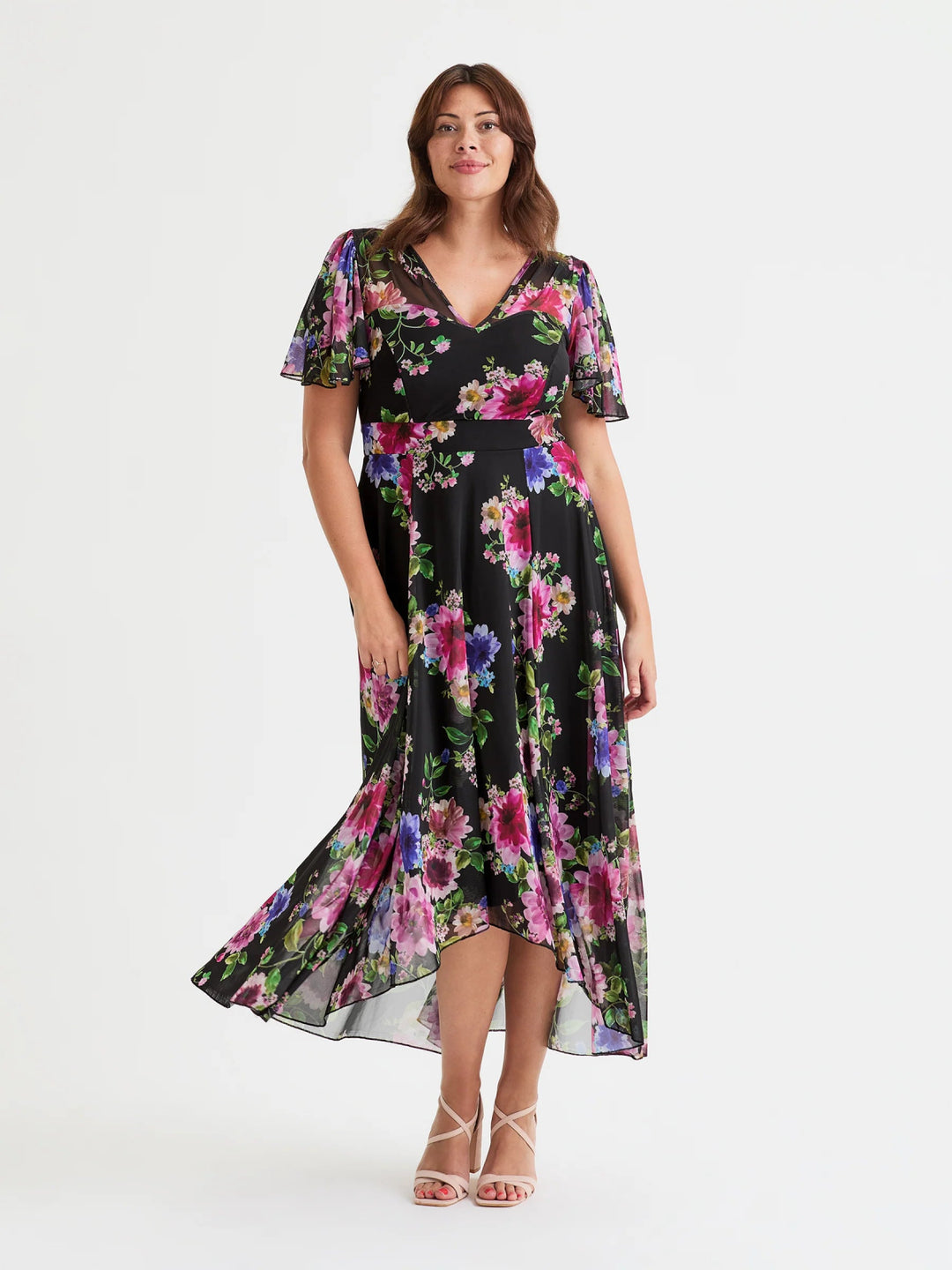 Scarlett &amp; Jo Tilly Black/Pink Print Angel Sleeve Sweetheart Midi Dress - Curvy Chic Boutique