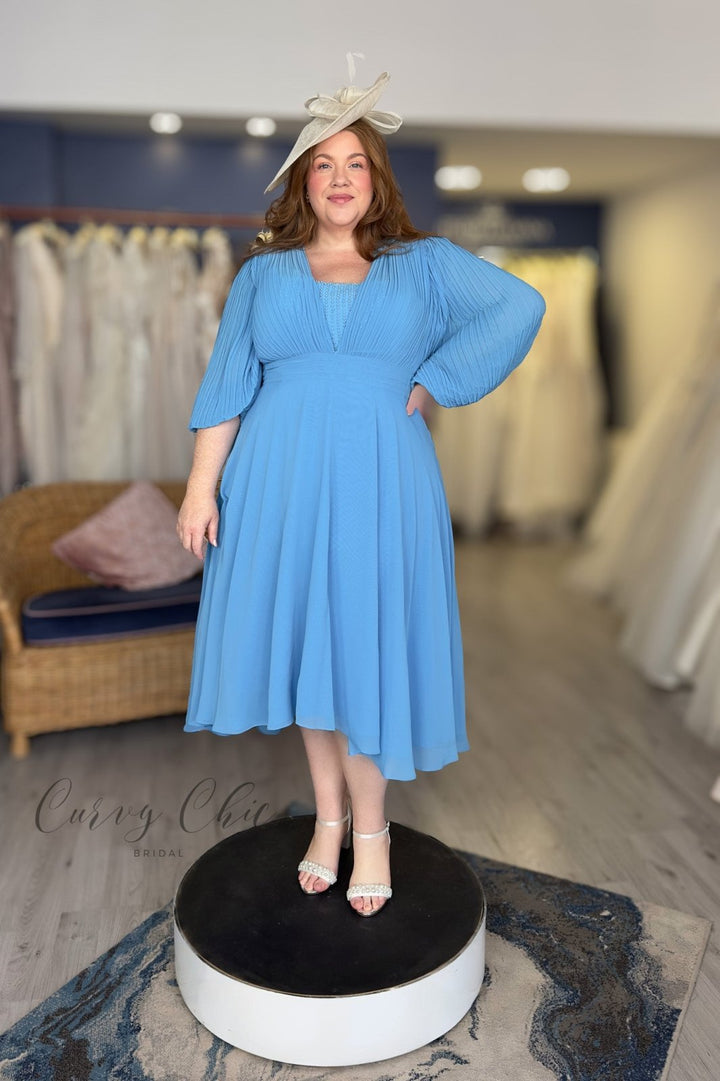 Sky Blue Midi Dress with Pearl Beading | Veromia - Curvy Chic Boutique
