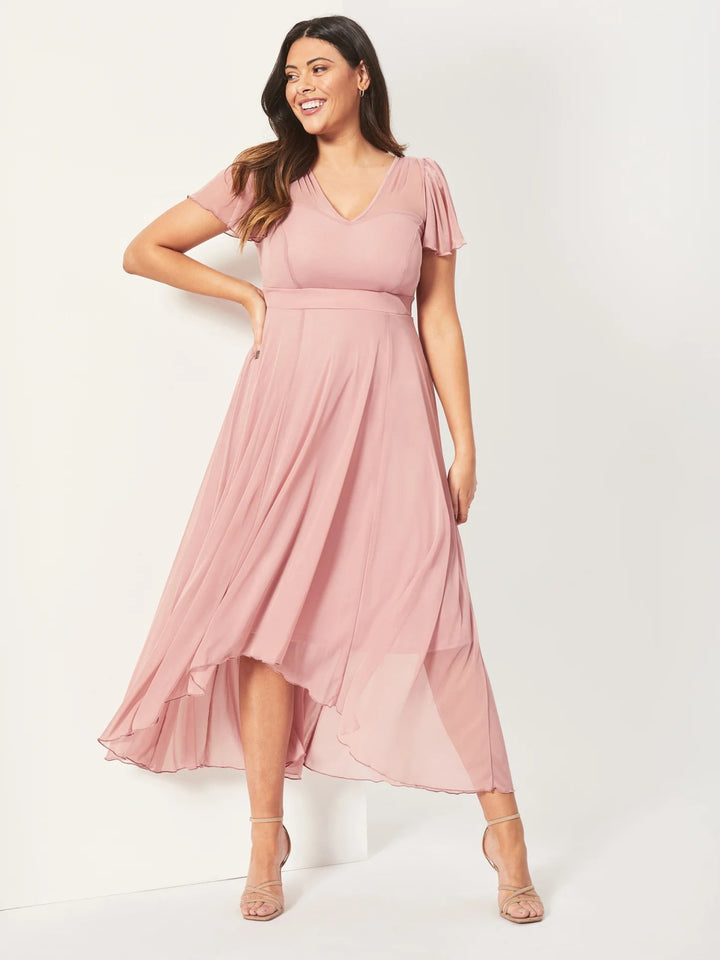 Tilly Blush Pink Angel Sleeve Midi Dress | Scarlett &amp; Jo - Curvy Chic Boutique
