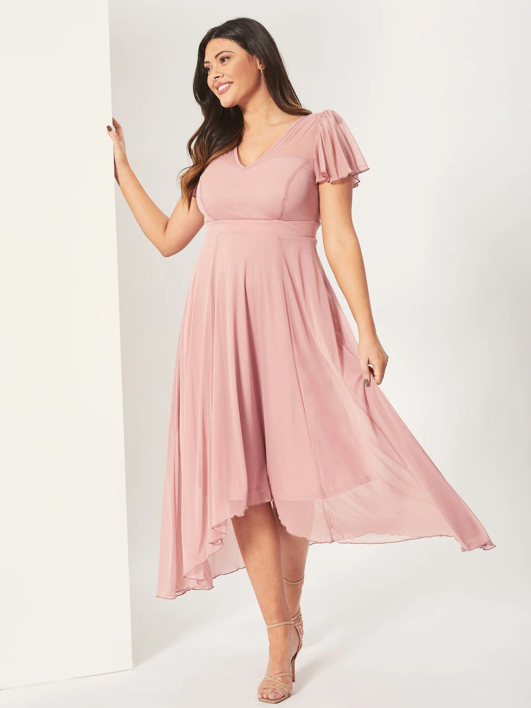 Tilly Blush Pink Angel Sleeve Midi Dress | Scarlett & Jo - Curvy Chic Boutique
