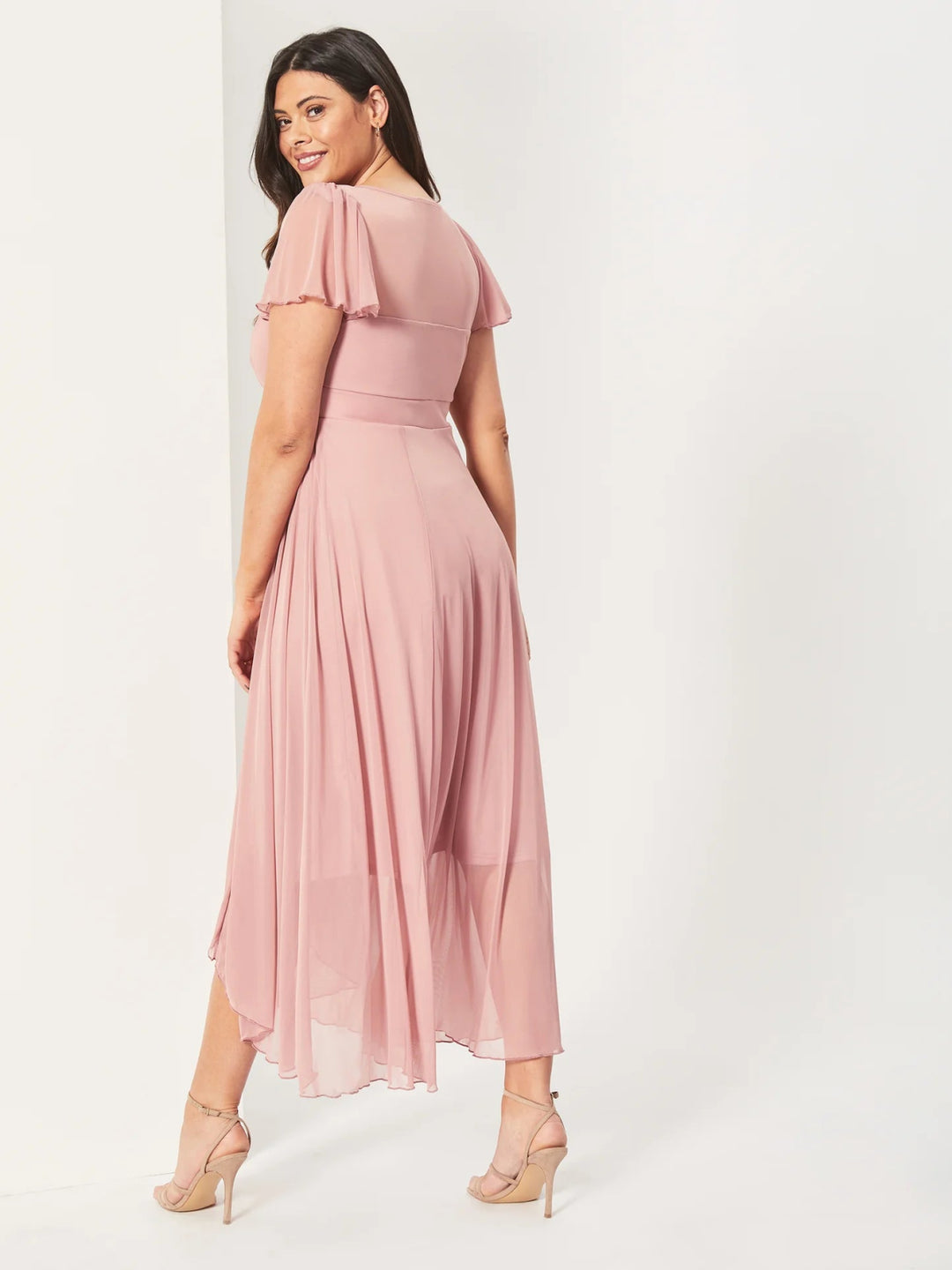Tilly Blush Pink Angel Sleeve Midi Dress | Scarlett &amp; Jo - Curvy Chic Boutique