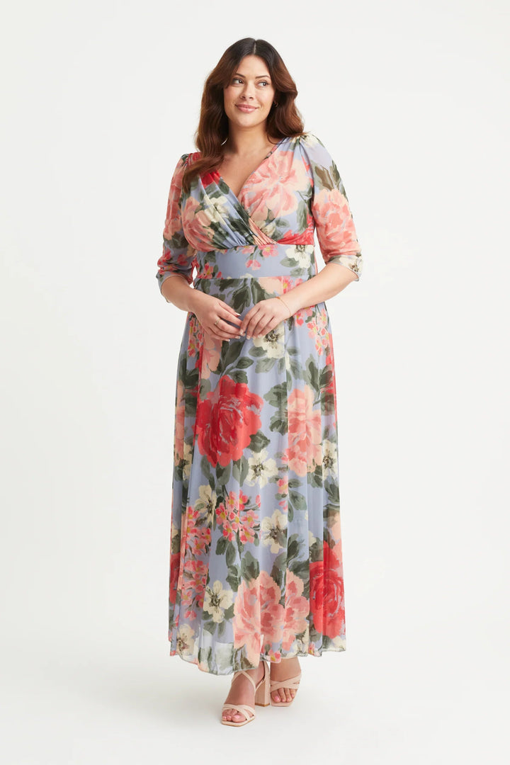 Verity Blue Floral Wrap Maxi Dress | Scarlett &amp; Jo - Curvy Chic Boutique