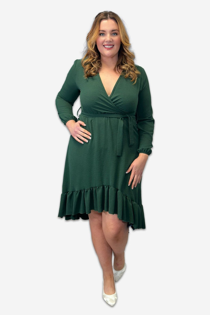 Wrap Plus Size Dress with Ruffle Detail in Black, Pink or Forest Green - Curvy Chic Boutique