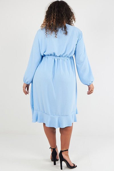 Baby Blue Plus Size Midi Wrap Dress With Ruffle Detail - Curvy Chic Boutique