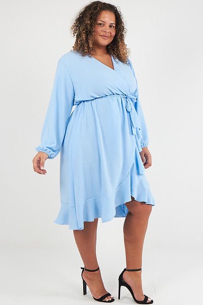 Baby Blue Plus Size Midi Wrap Dress With Ruffle Detail - Curvy Chic Boutique