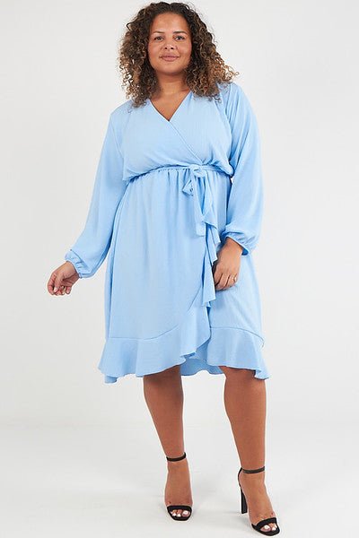 Baby Blue Plus Size Midi Wrap Dress With Ruffle Detail - Curvy Chic Boutique
