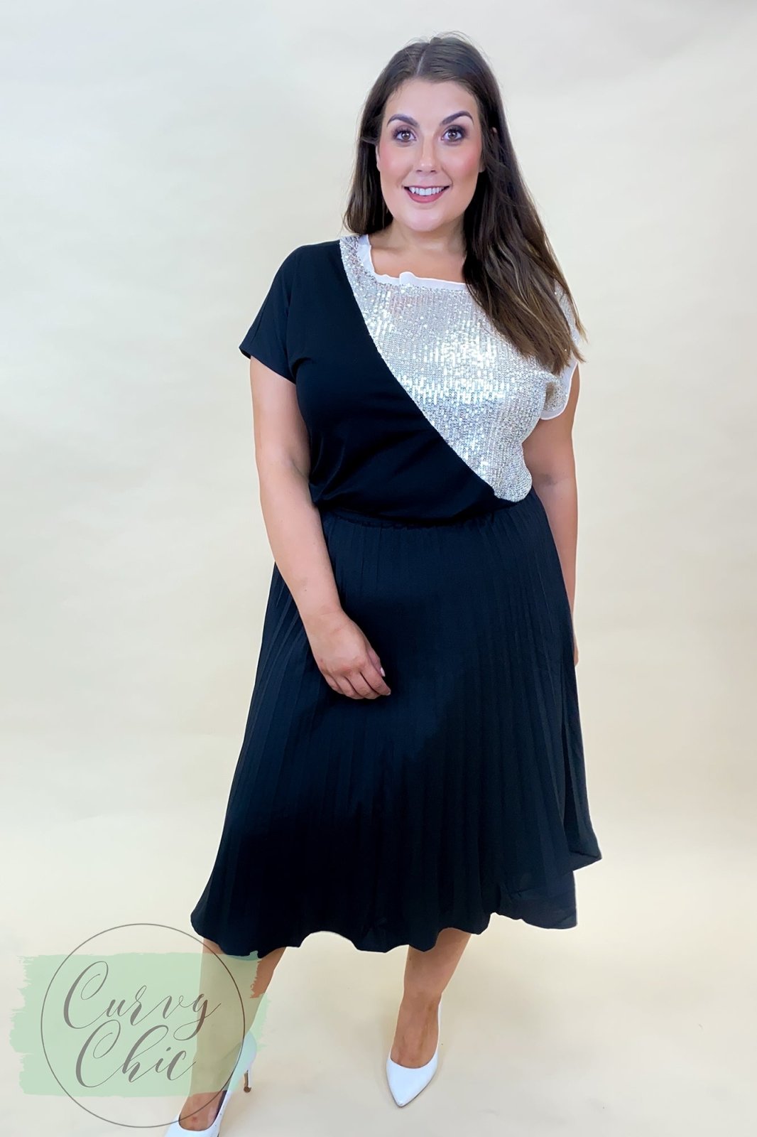 Black & Champagne Half Sequin Plus Size Top - Curvy Chic Boutique