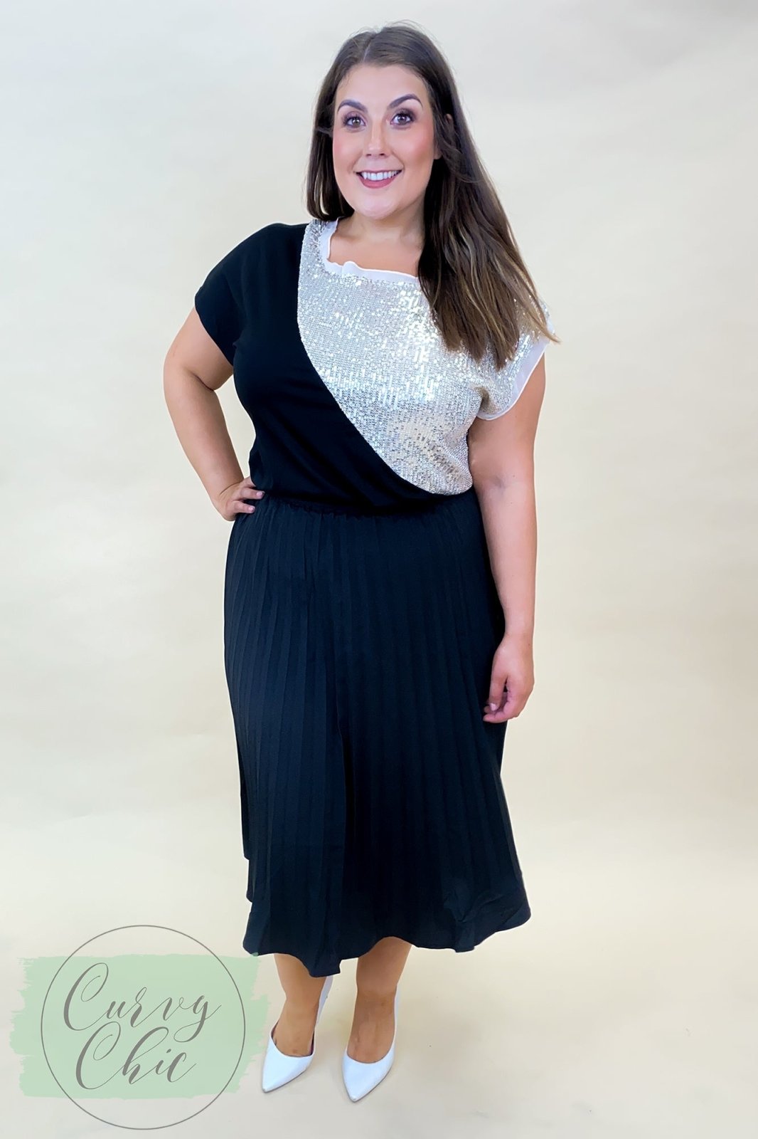 Black &amp; Champagne Half Sequin Plus Size Top - Curvy Chic Boutique
