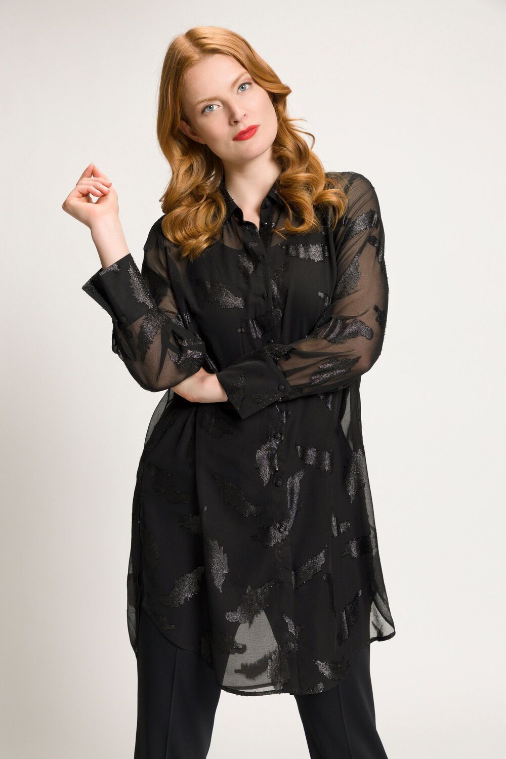 Black Metallic Jacquard Feather Chiffon Tunic Blouse - Curvy Chic Boutique