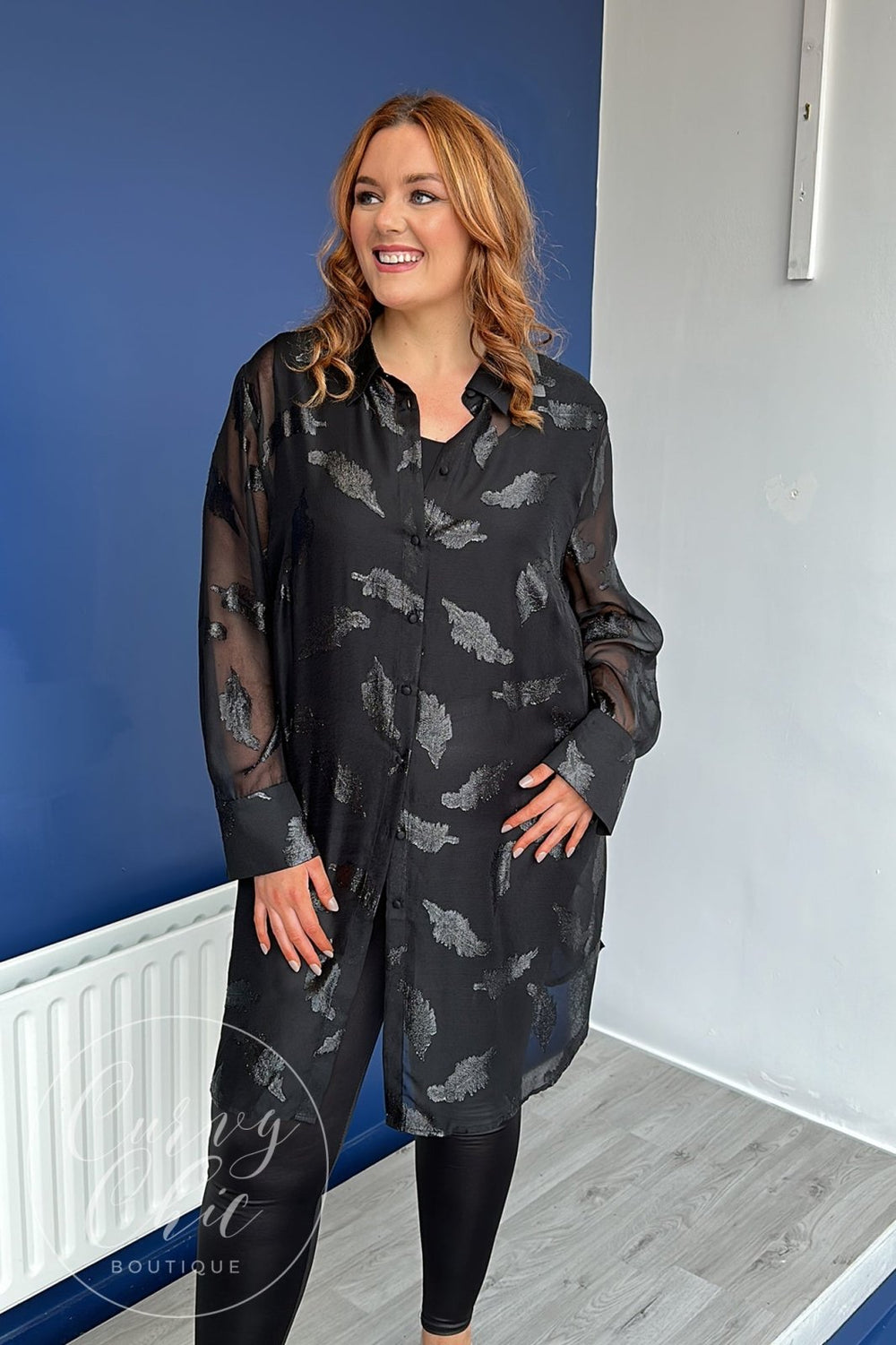 Black Metallic Jacquard Feather Chiffon Tunic Blouse - Curvy Chic Boutique