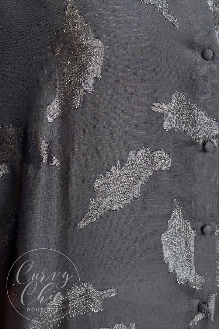 Black Metallic Jacquard Feather Chiffon Tunic Blouse - Curvy Chic Boutique