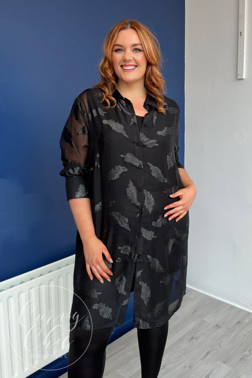 Black Metallic Jacquard Feather Chiffon Tunic Blouse - Curvy Chic Boutique