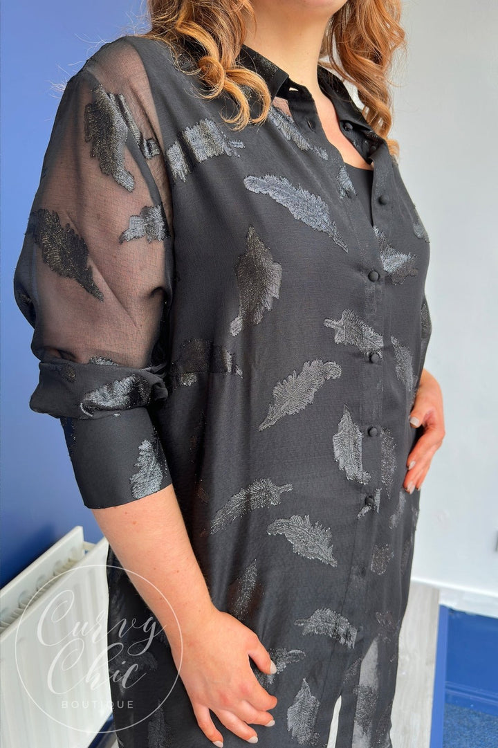 Black Metallic Jacquard Feather Chiffon Tunic Blouse - Curvy Chic Boutique