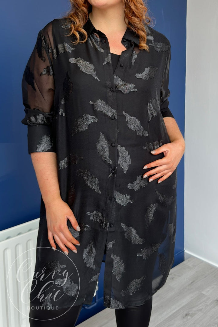 Black Metallic Jacquard Feather Chiffon Tunic Blouse - Curvy Chic Boutique