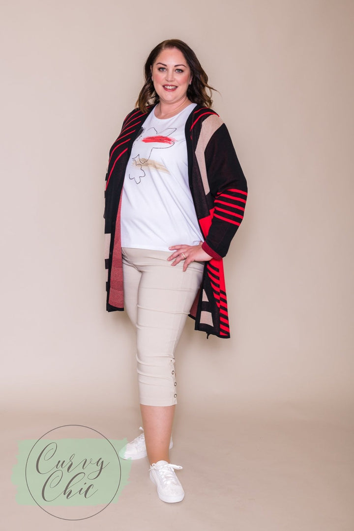 Black, Red &amp; Beige Long Cardigan - Curvy Chic Boutique