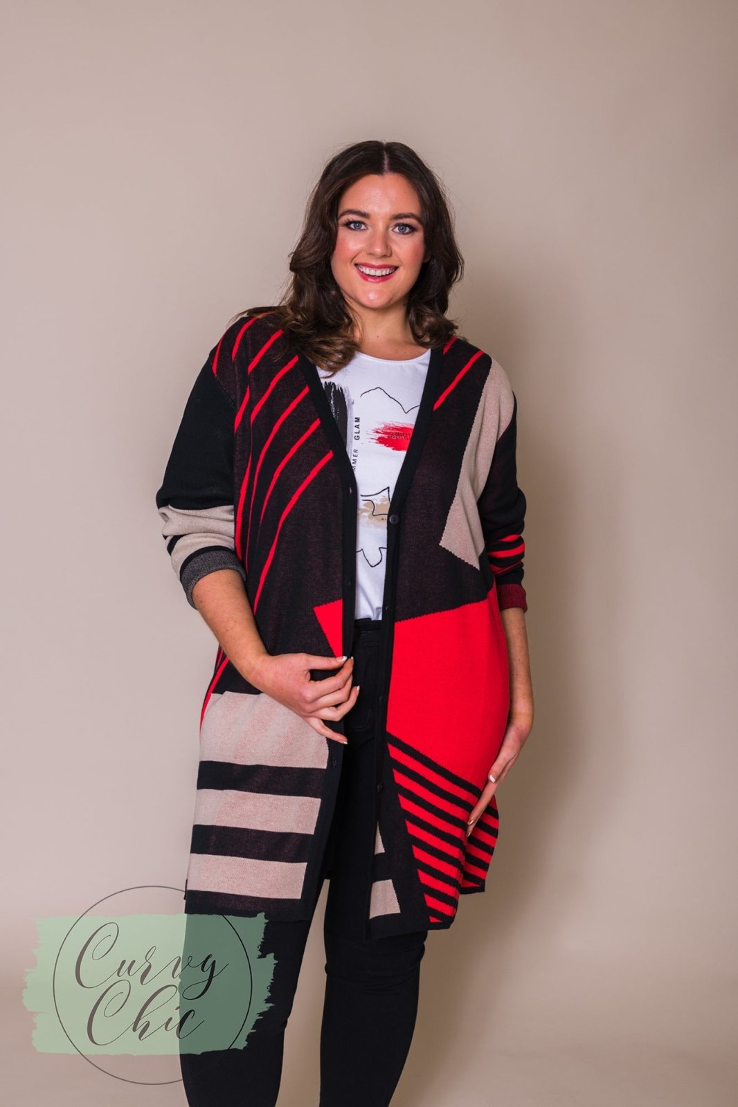 Black, Red & Beige Long Cardigan - Curvy Chic Boutique